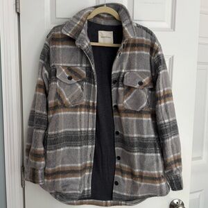 Gray and Brown Plaid Button-Up Jacket
